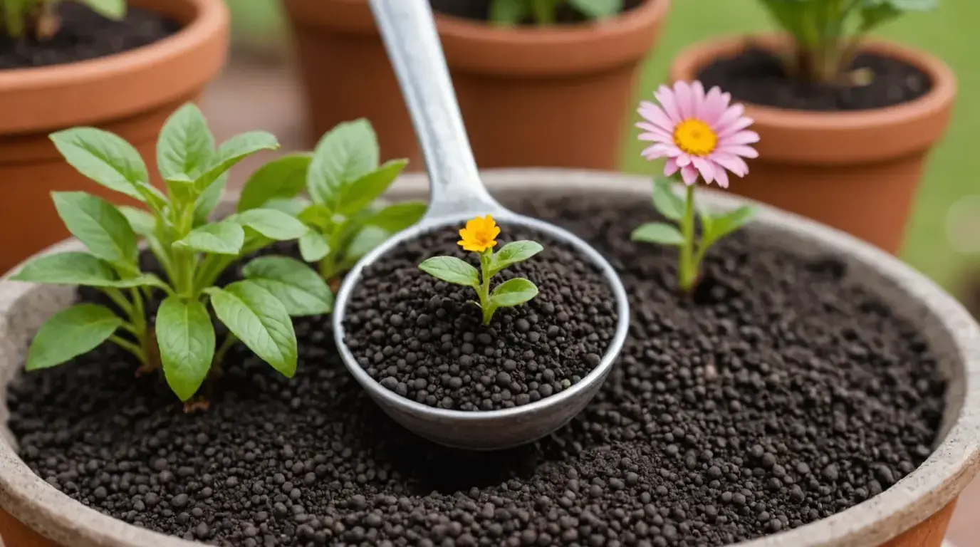 Adubo granulado em colher sobre vaso de flores