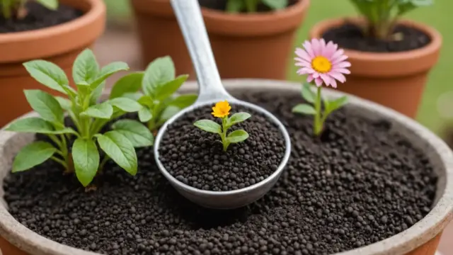 Adubo granulado em colher sobre vaso de flores