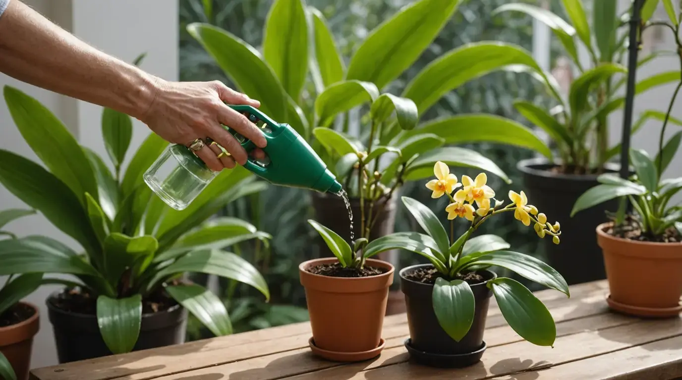Aplicação de adubo foliar em orquídea com pulverizador