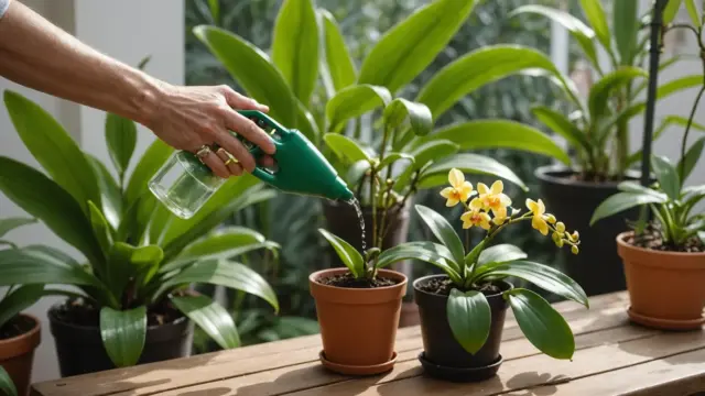 Aplicação de adubo foliar em orquídea com pulverizador