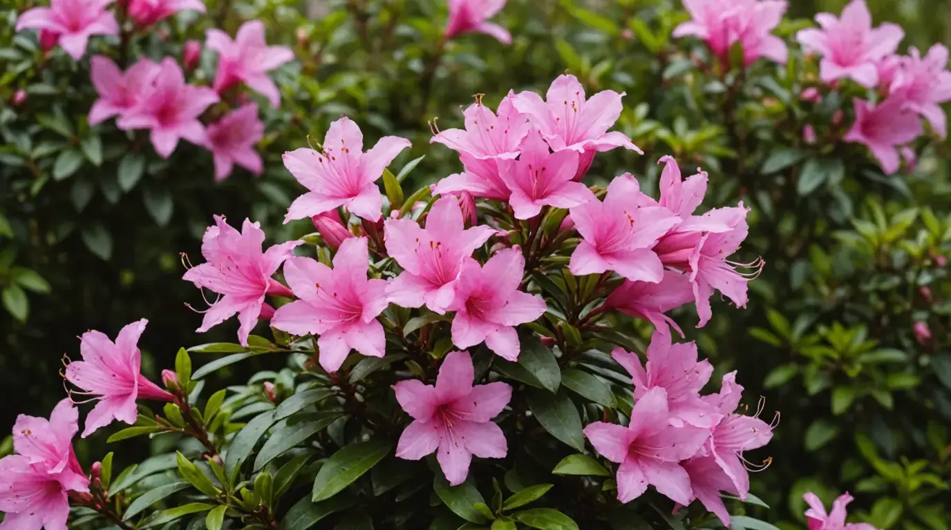 Azaleia coberta de flores rosa no jardim