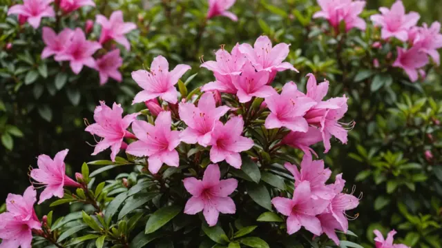 Azaleia coberta de flores rosa no jardim