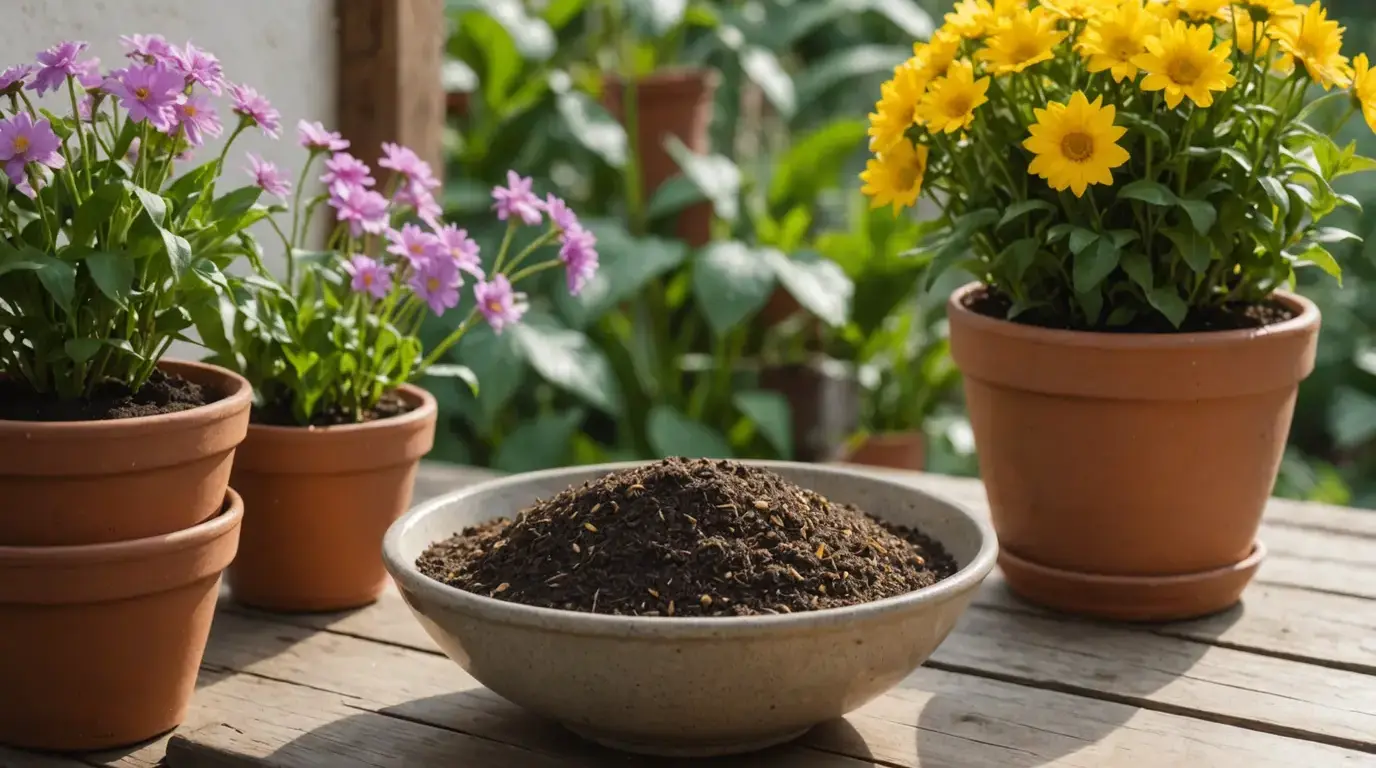 Bokashi em tigela ao lado de vasos de flores