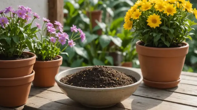 Bokashi em tigela ao lado de vasos de flores