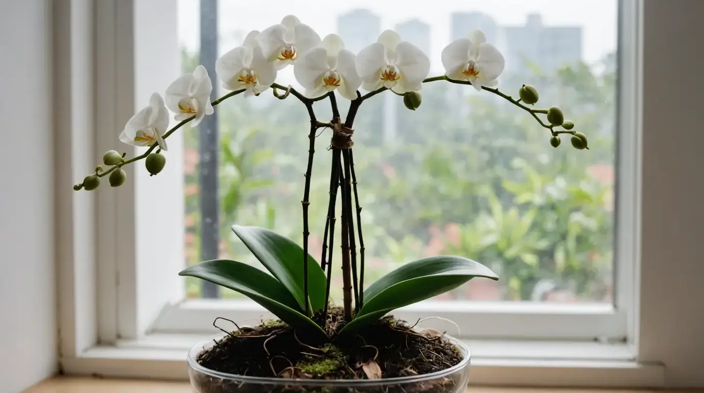 Orquídea phalaenopsis branca florida perto de uma janela clara