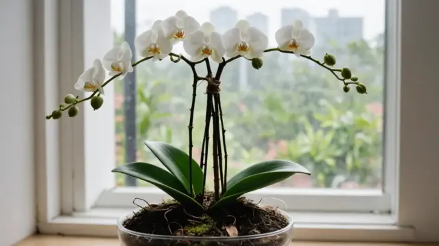 Orquídea phalaenopsis branca florida perto de uma janela clara