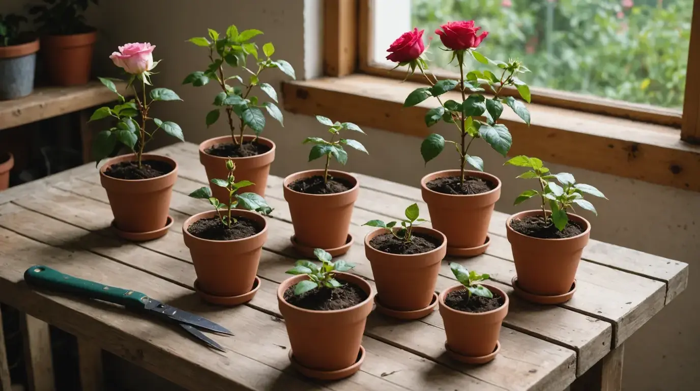 Estacas de roseira plantadas em vasinhos