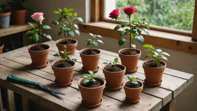Estacas de roseira plantadas em vasinhos
