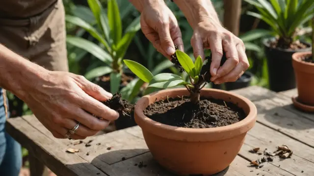 Mãos replantando uma orquídea em vaso de barro com casca de pinus