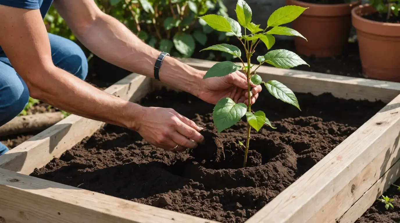 Plantio de muda de roseira em cova com composto