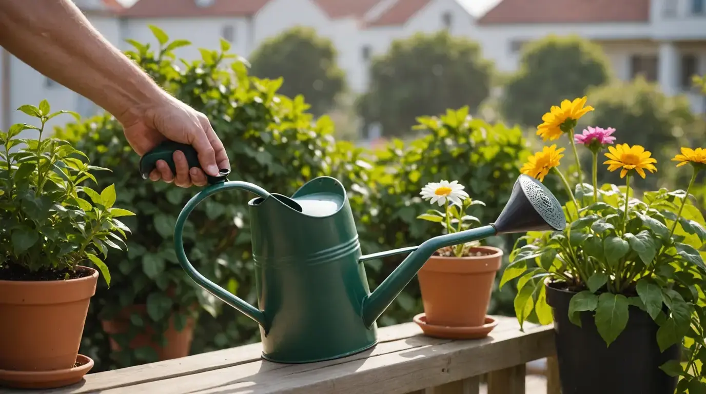 Rega de vasos de flores com regador de bico fino