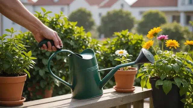 Rega de vasos de flores com regador de bico fino