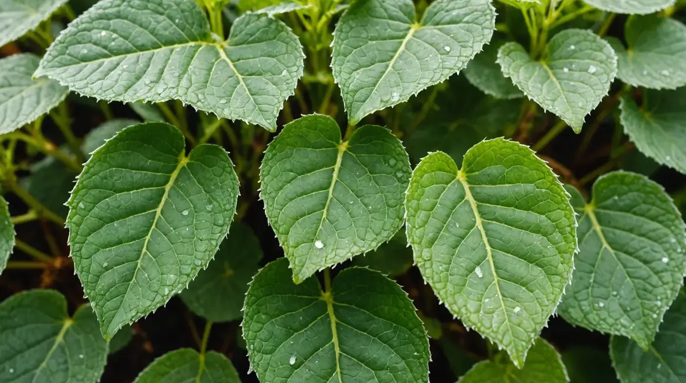 Folhas verdes de planta, que devem ficar secas para evitar fungos