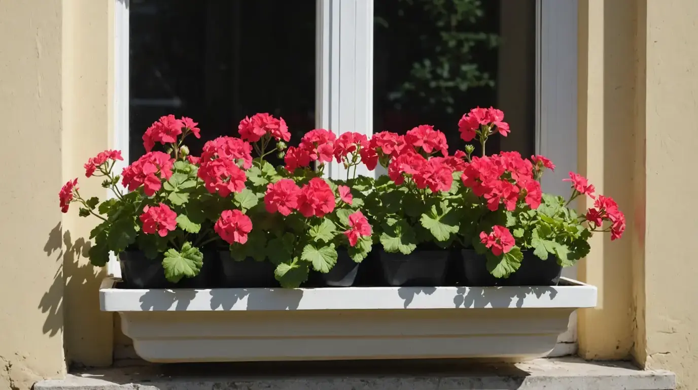 Jardineira com gerânios vermelhos e rosa na janela