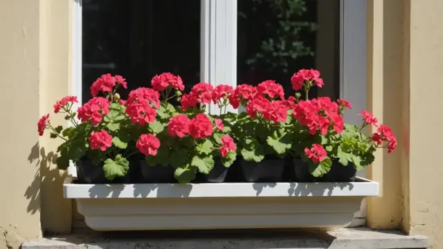 Jardineira com gerânios vermelhos e rosa na janela