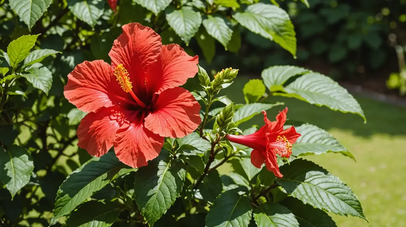 Flor de hibisco vermelha aberta ao sol