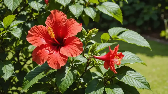 Flor de hibisco vermelha aberta ao sol