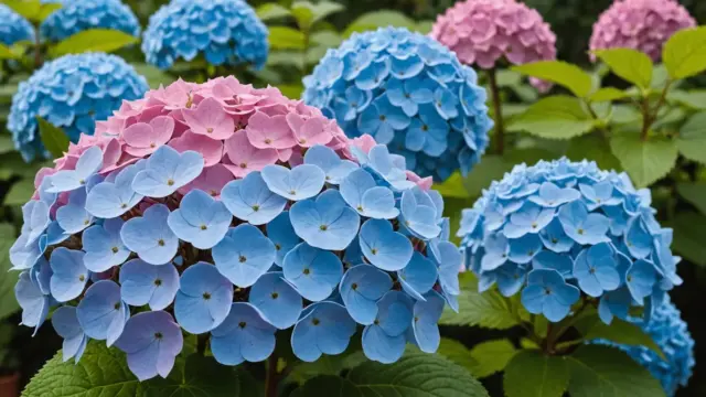 Hortênsias azuis e rosa no jardim