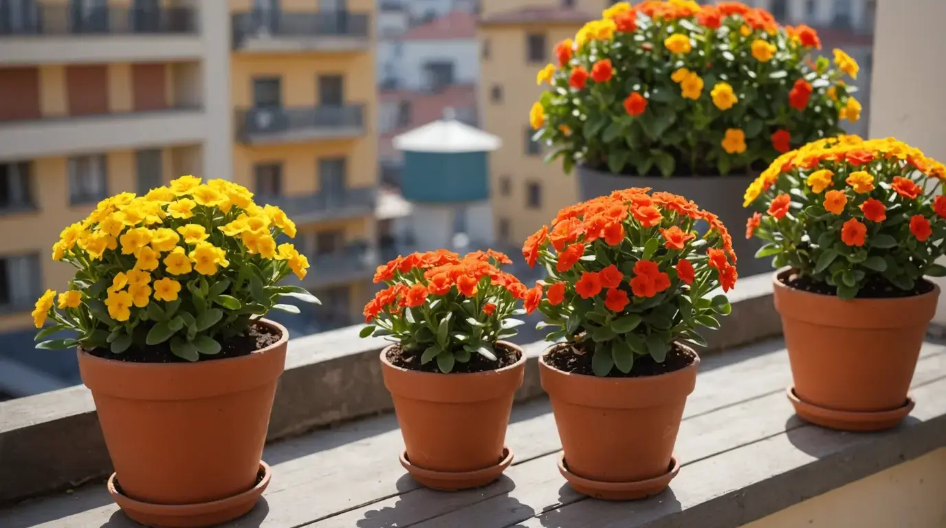 Kalanchoes floridos em vasos na varanda