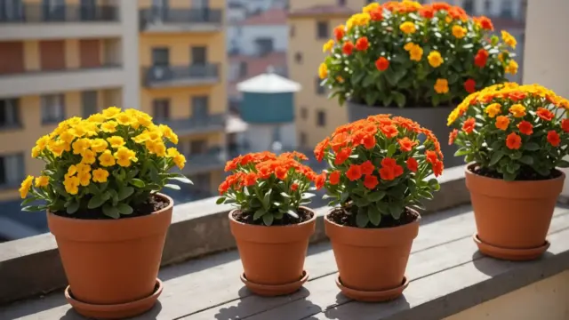 Kalanchoes floridos em vasos na varanda