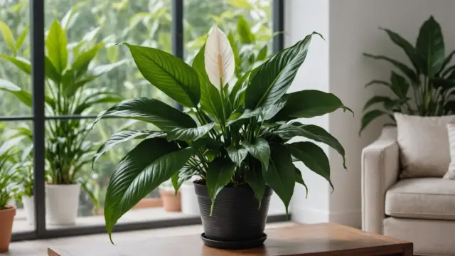Lírio da paz florido em vaso na sala