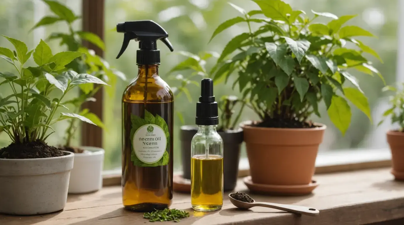 Óleo de neem com colher medidora e pulverizador