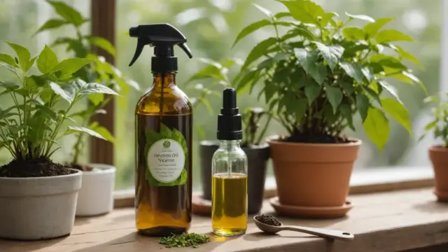 Óleo de neem com colher medidora e pulverizador