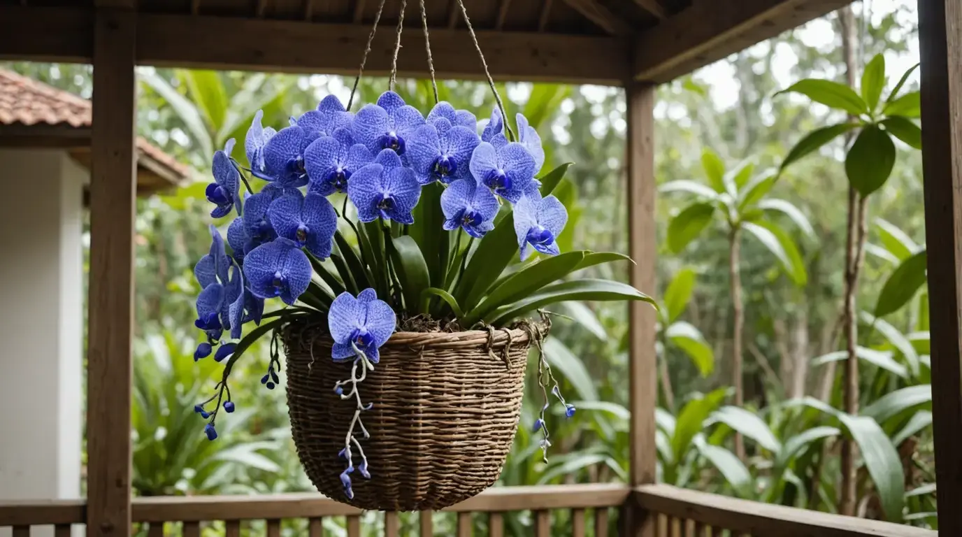 Orquídea vanda azul pendurada com raízes aéreas
