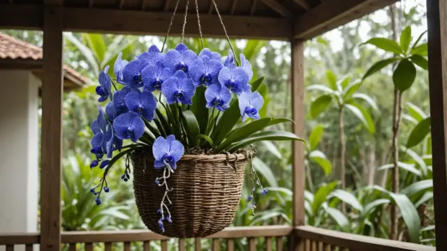 Orquídea vanda azul pendurada com raízes aéreas