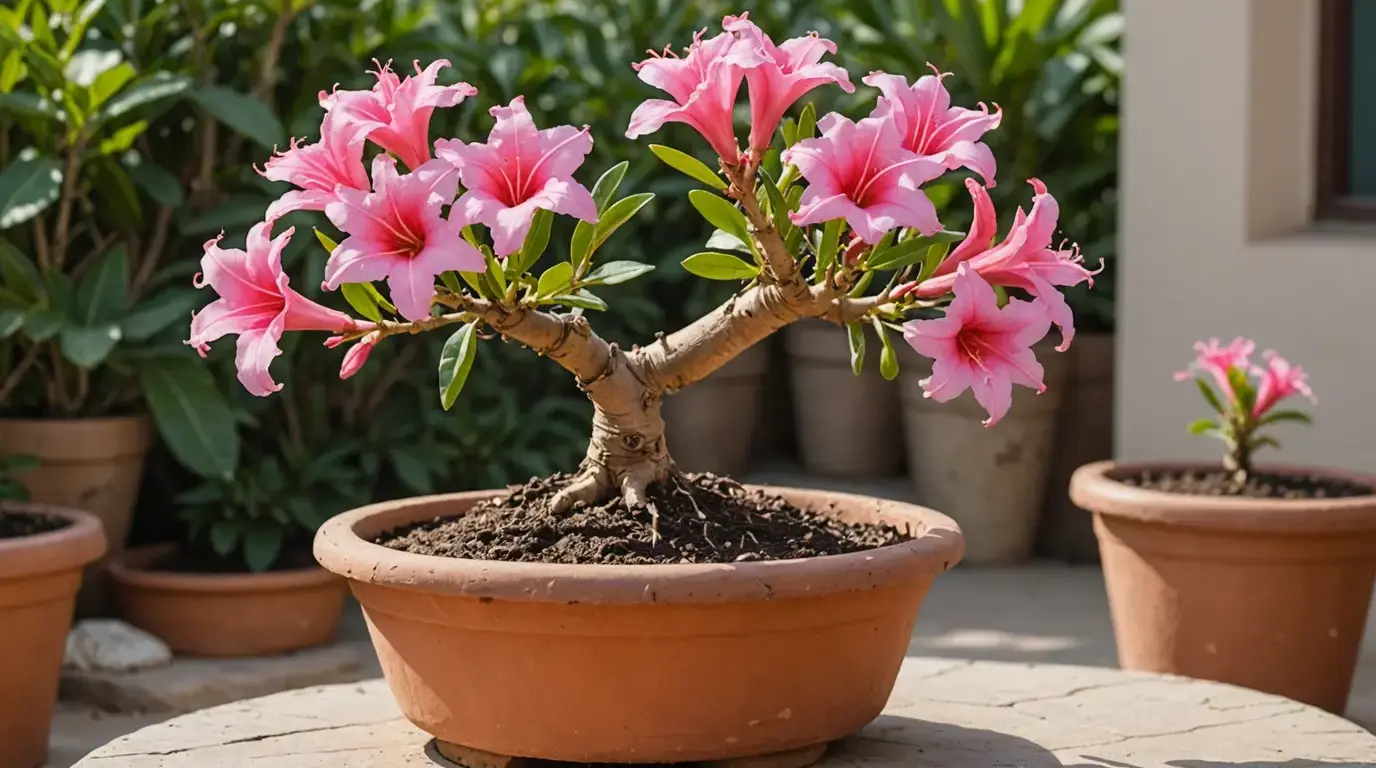 Rosa do deserto florida em vaso de barro ao sol
