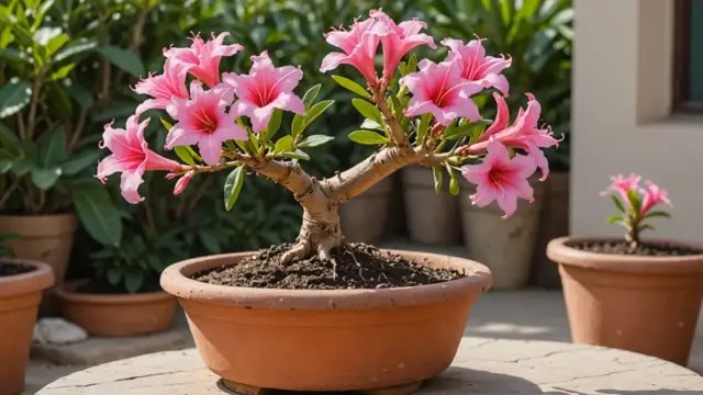 Rosa do deserto florida em vaso de barro ao sol
