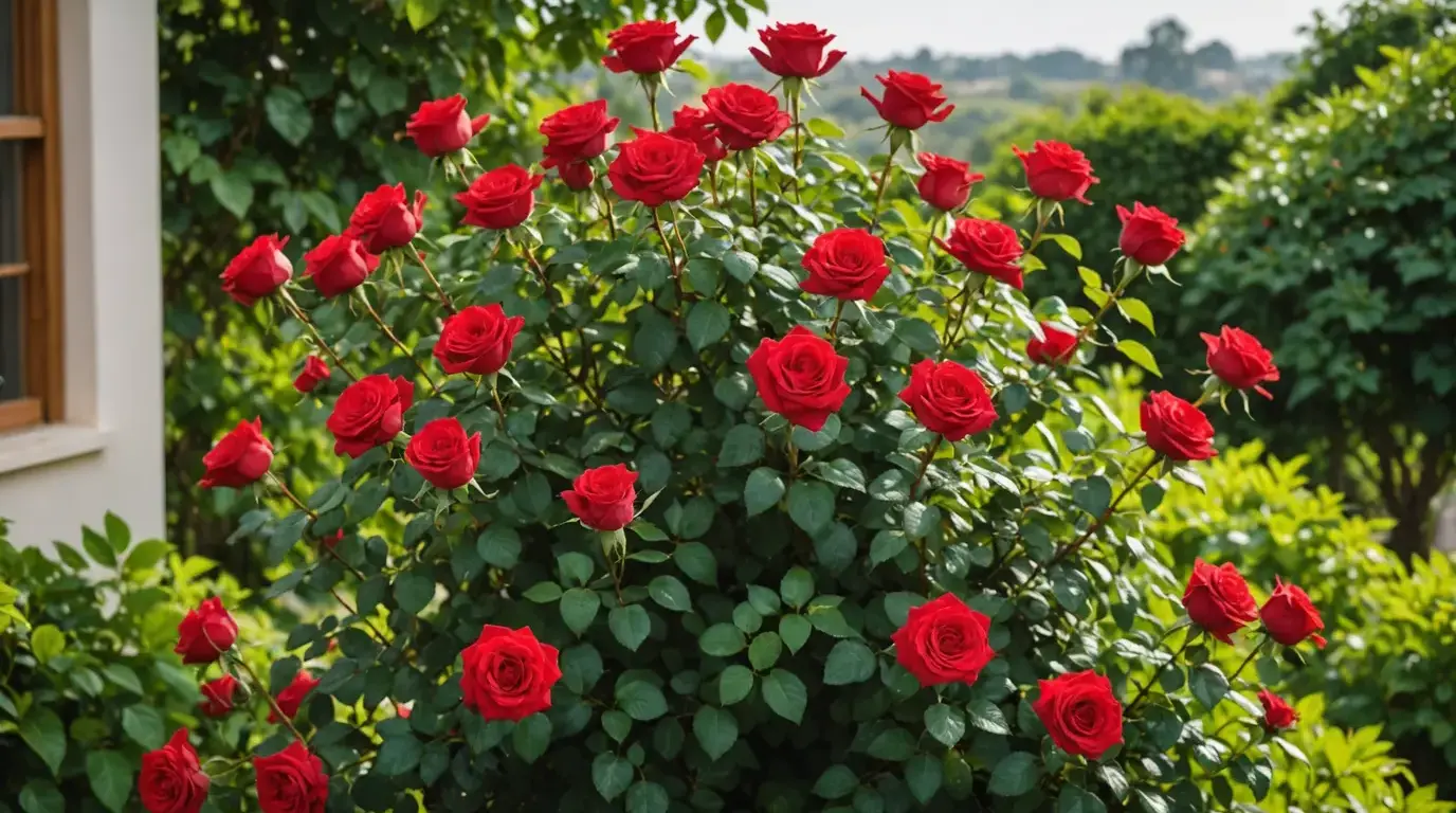 Roseira florida com rosas vermelhas no jardim