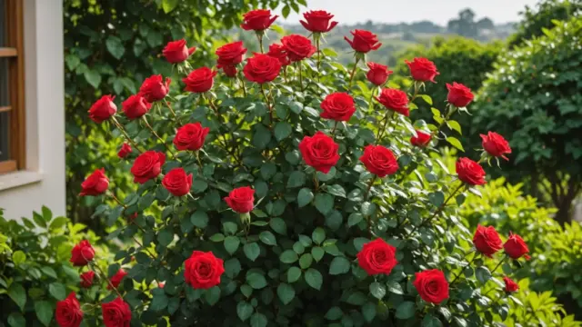 Roseira florida com rosas vermelhas no jardim