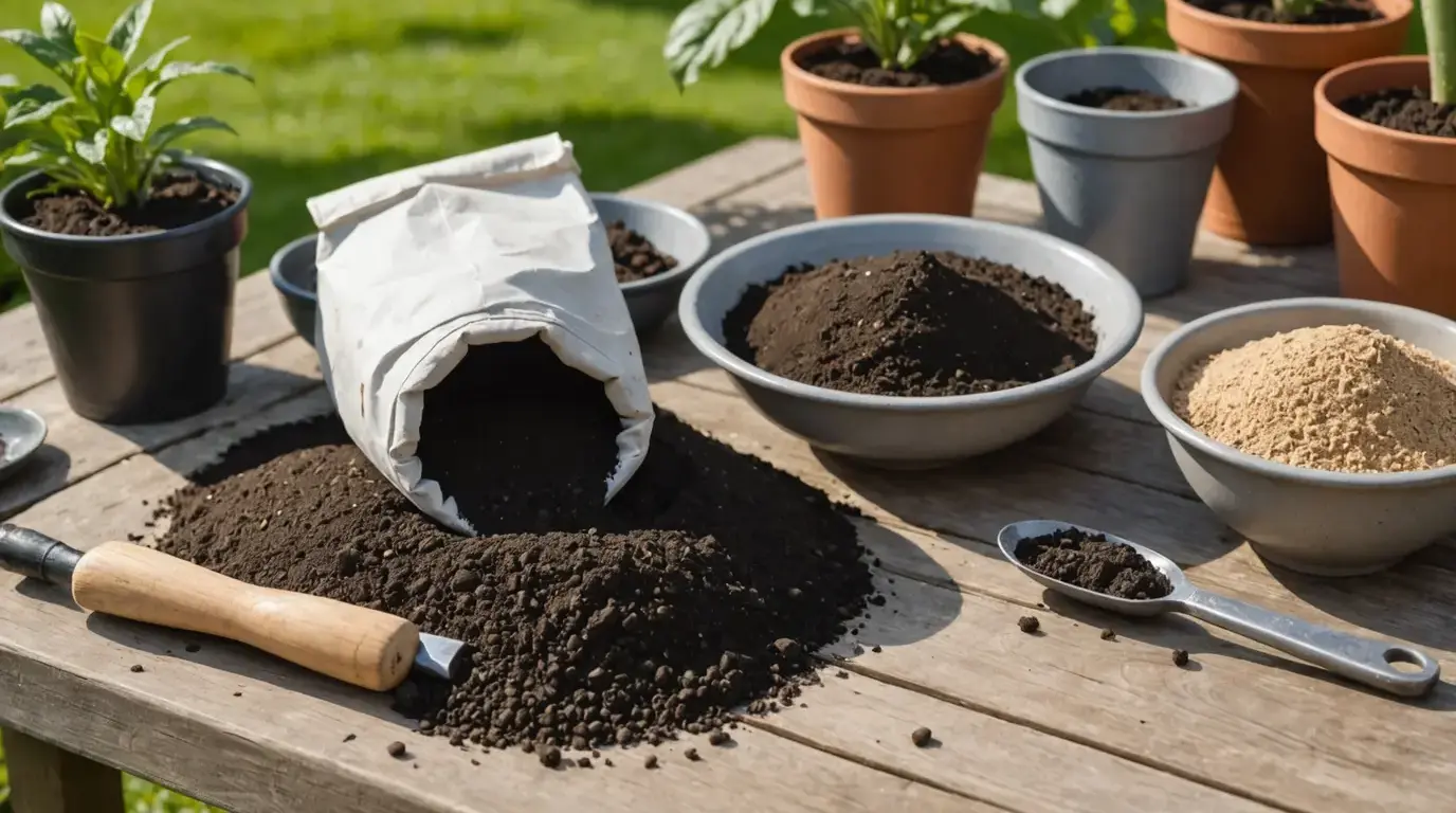 Componentes de substrato sobre a mesa de jardinagem