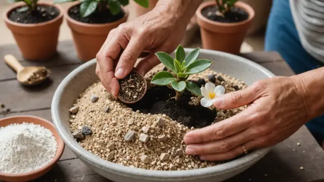 Mistura de areia, perlita e substrato para rosa do deserto