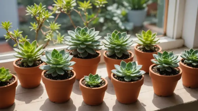 Suculentas em vasinhos de barro na janela ensolarada